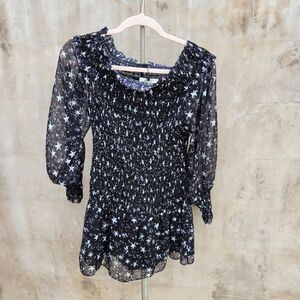 Jing shirred puff sleeve mini dress galaxy star print